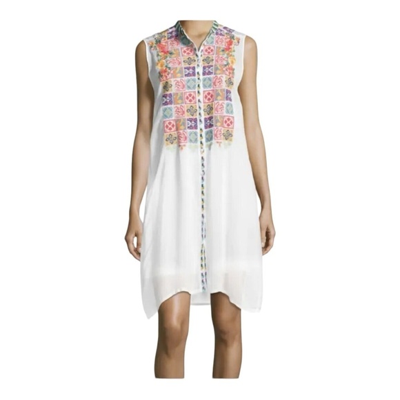 JOHNNY WAS Torreya White Multicolor Embroidered Button Down Sleeveless Dress S - Picture 2 of 10